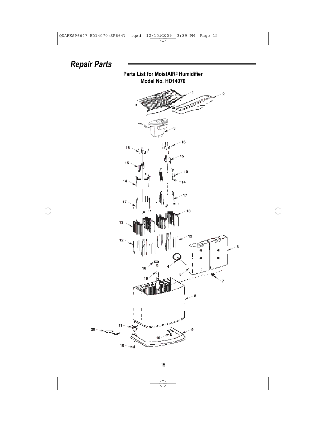 MoistAir HD14070 owner manual Repair Parts 