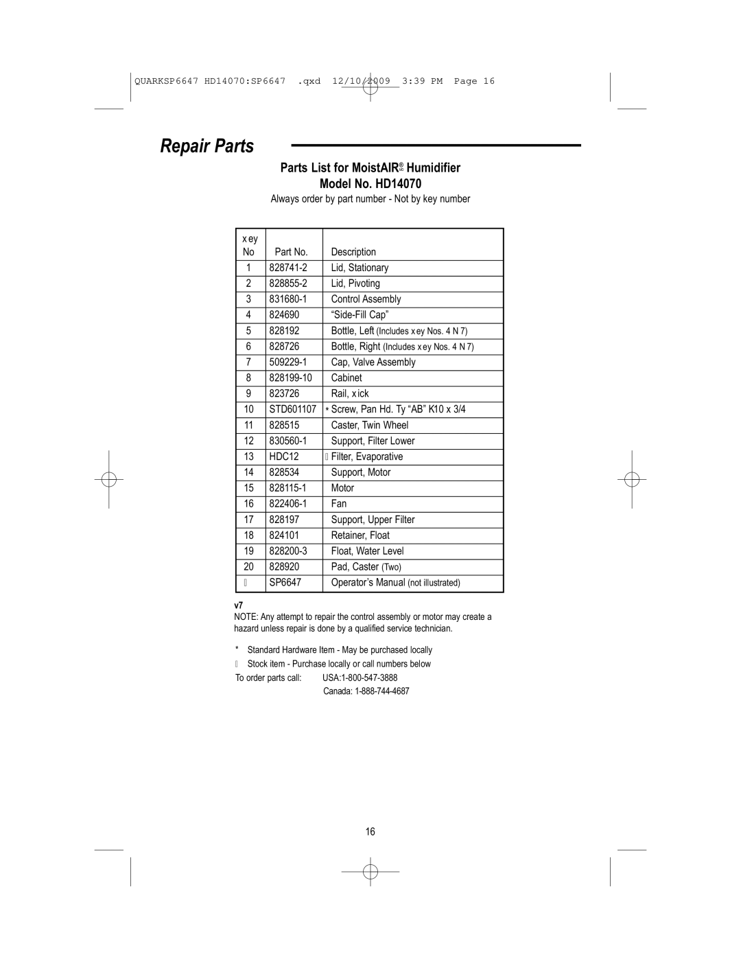 MoistAir HD14070 owner manual Parts List for MoistAIR MD Humidifier 