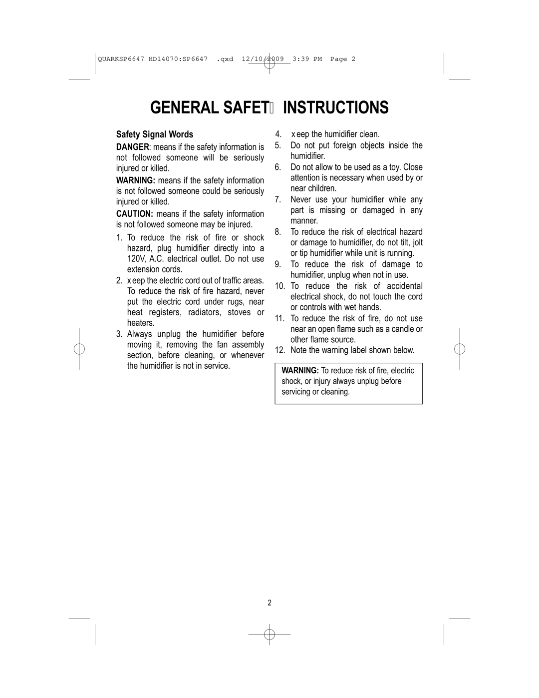 MoistAir HD14070 owner manual General Safety Instructions 