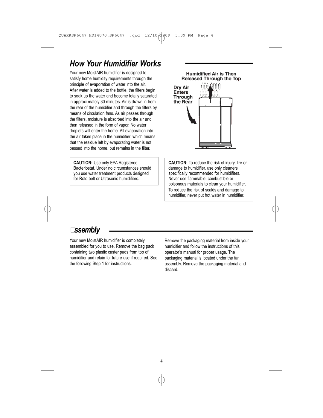 MoistAir HD14070 owner manual How Your Humidifier Works, Assembly 