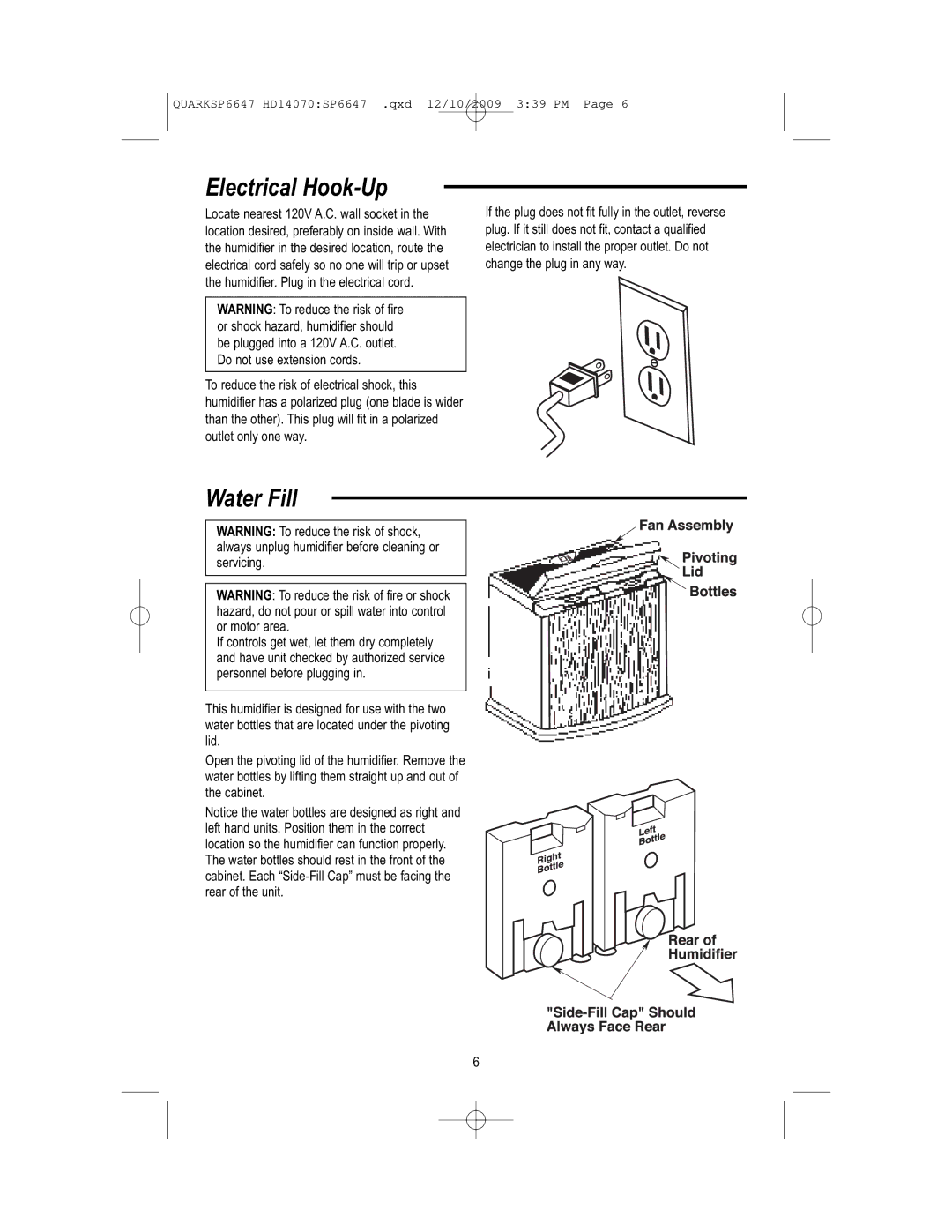 MoistAir HD14070 owner manual Electrical Hook-Up, Water Fill 