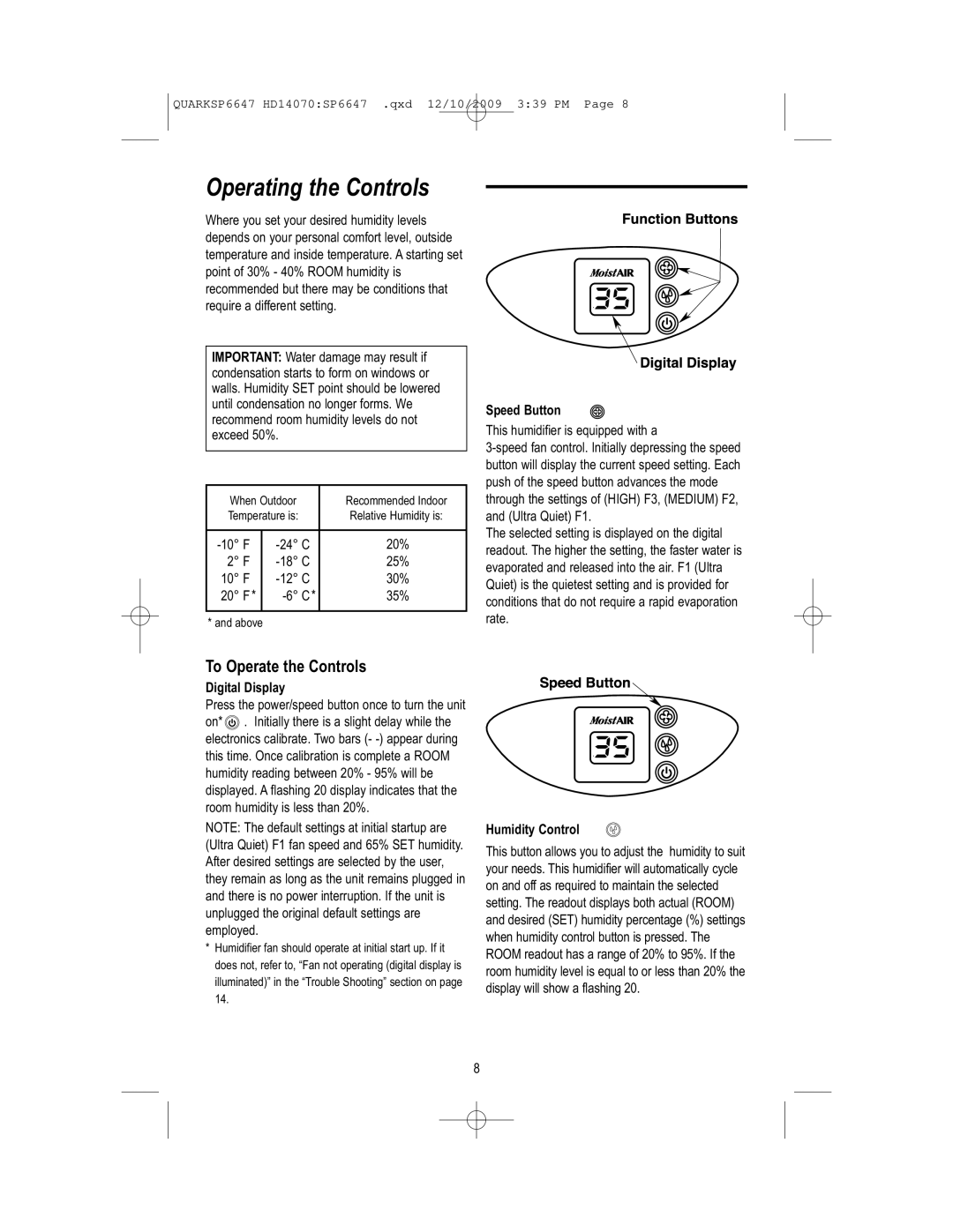 MoistAir HD14070 owner manual Operating the Controls, Speed Button, Digital Display, Humidity Control 