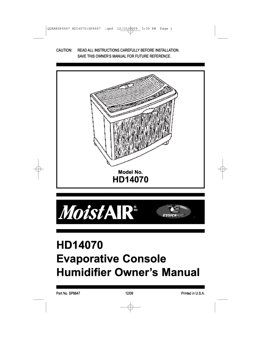 MoistAir owner manual Model No, HD14070 Evaporative Console 