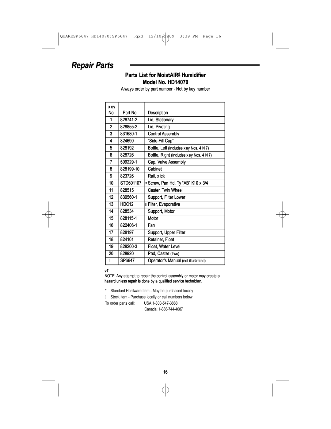 MoistAir owner manual Repair Parts, Parts List for MoistAIRMD Humidifier, Model No. HD14070 
