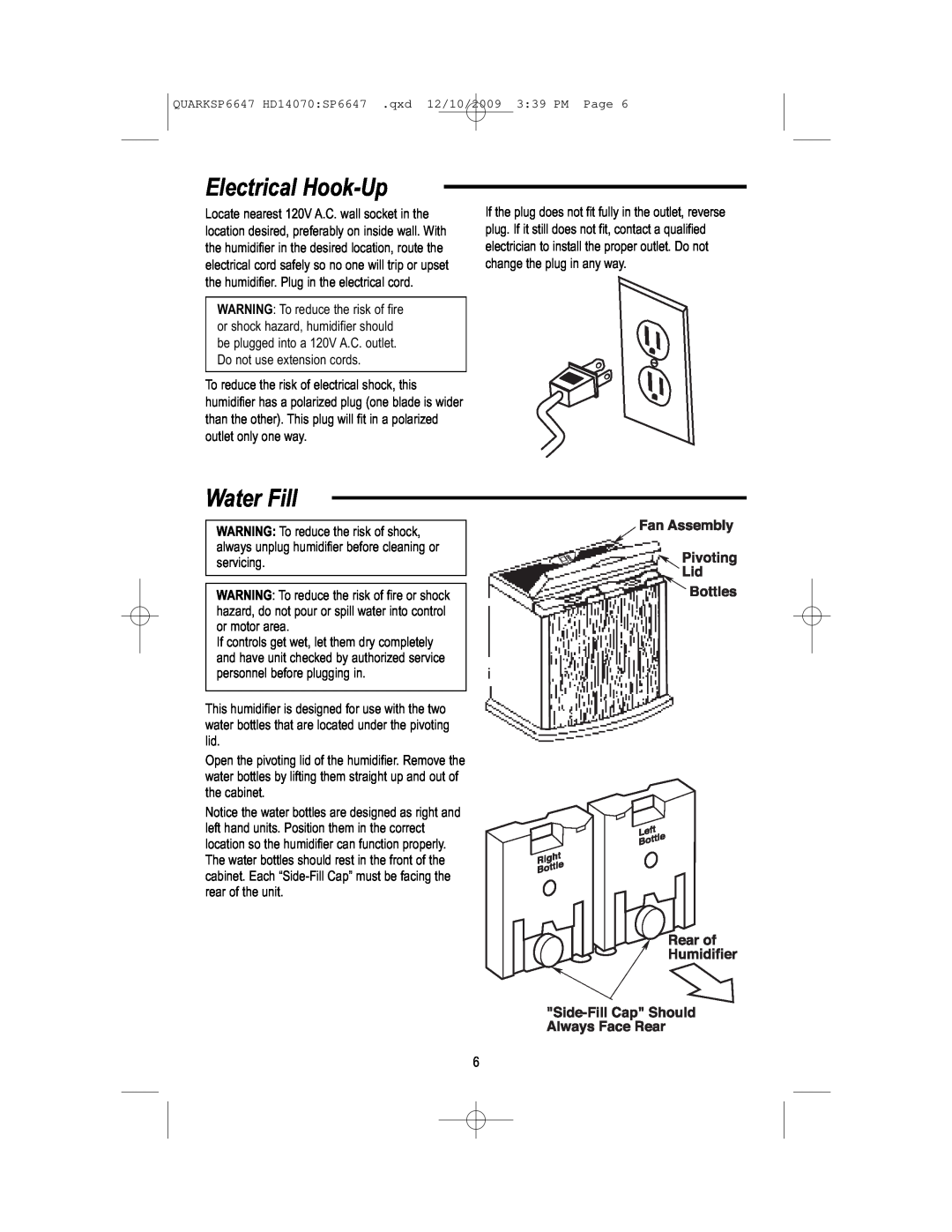 MoistAir HD14070 owner manual Electrical Hook-Up, Water Fill 