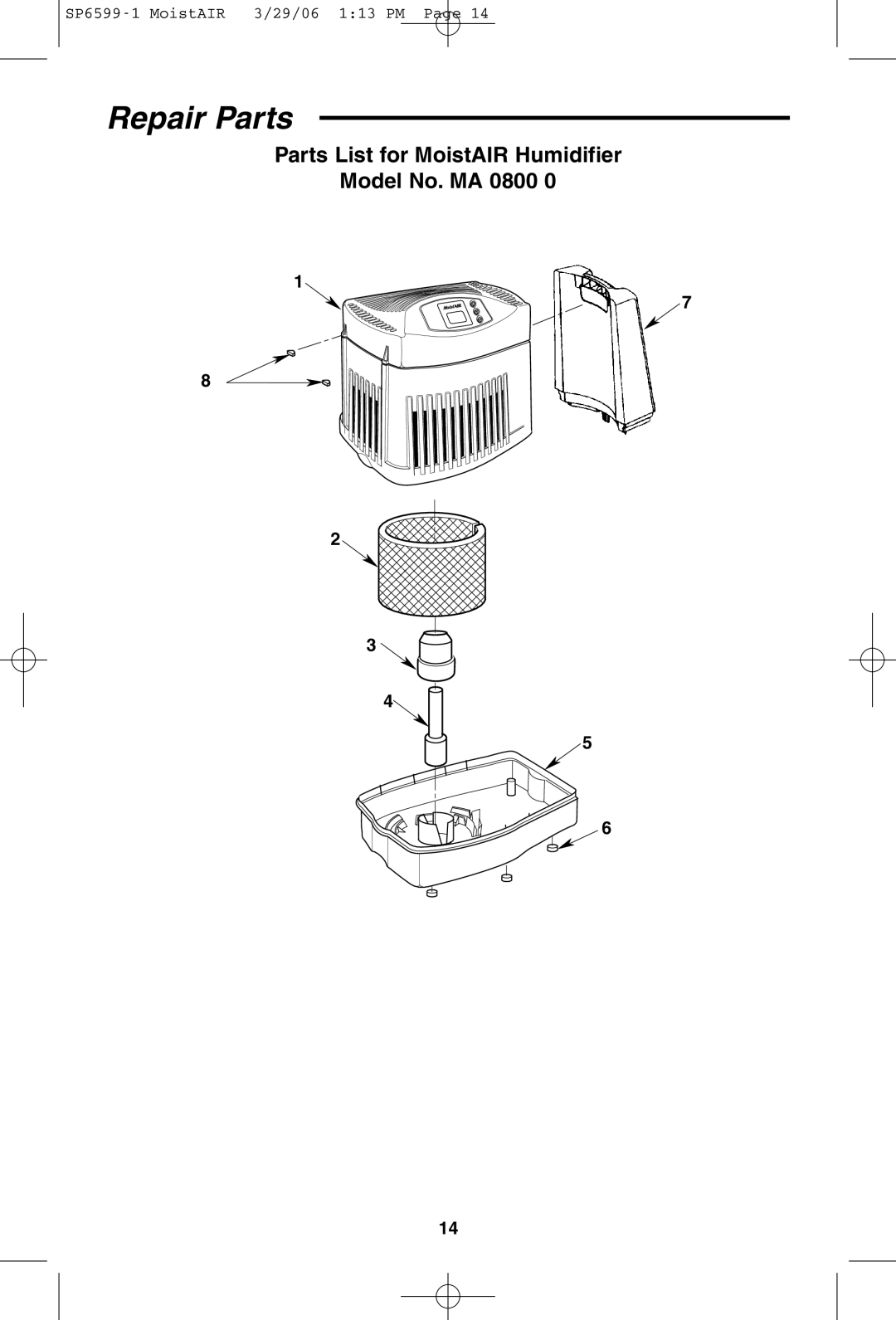 MoistAir MA 0800 0 owner manual Repair Parts 