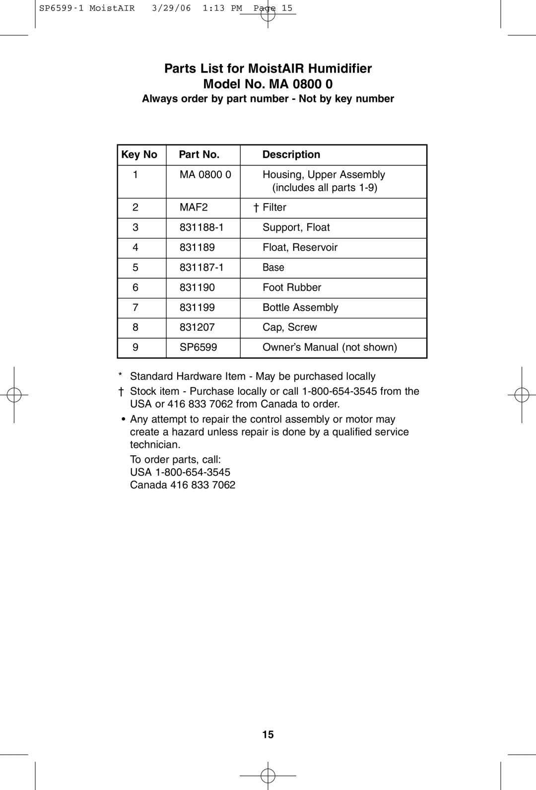 MoistAir MA 0800 0 owner manual Always order by part number Not by key number Description 