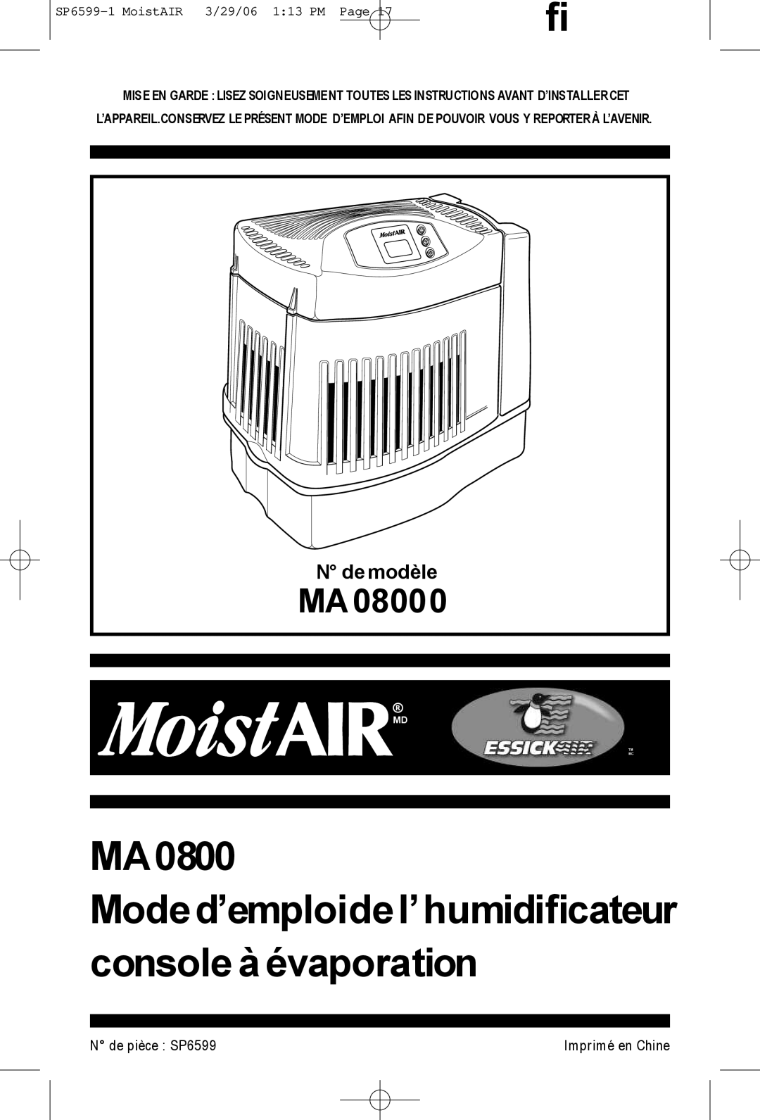 MoistAir MA 0800 0 owner manual MA0800 