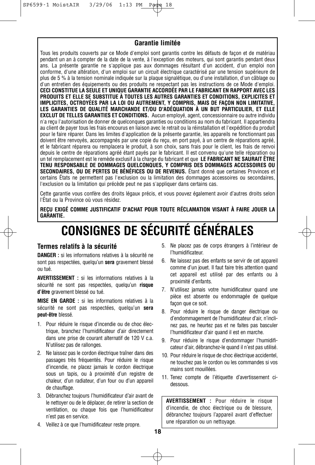 MoistAir MA 0800 0 owner manual Consignes DE Sécurité Générales 