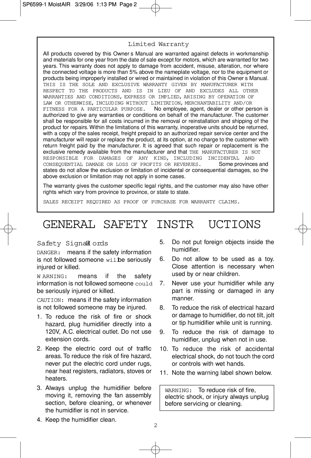 MoistAir MA 0800 0 owner manual General Safety Instructions 