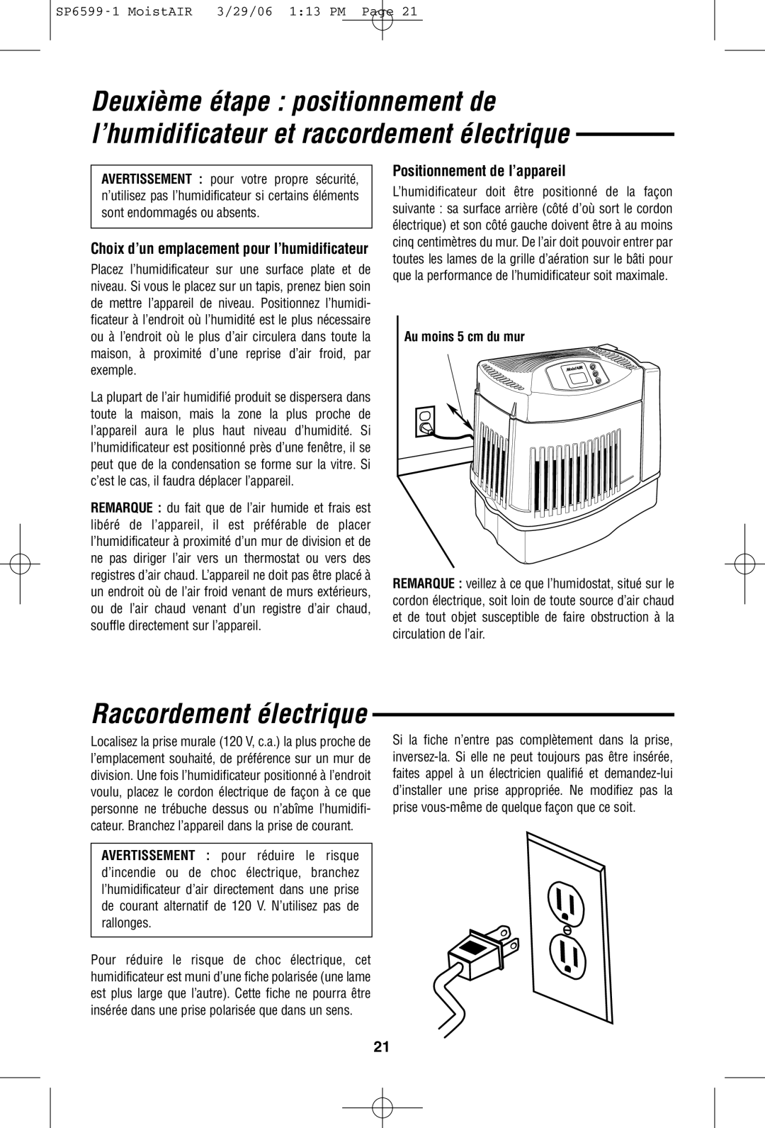 MoistAir MA 0800 0 owner manual Positionnement de l’appareil, Choix d’un emplacement pour l’humidificateur 