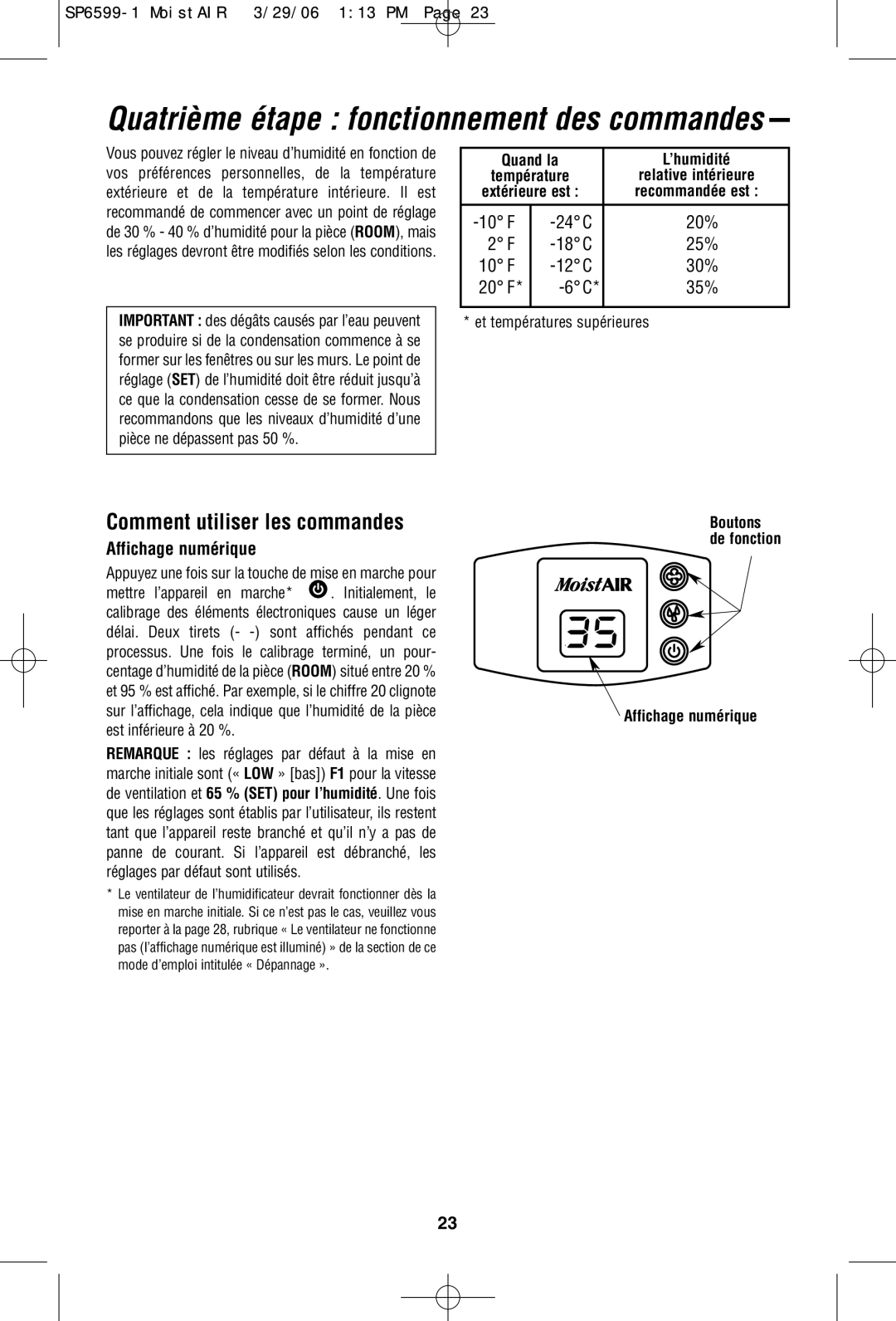 MoistAir MA 0800 0 owner manual Quatrième étape fonctionnement des commandes, Affichage numérique, Function 