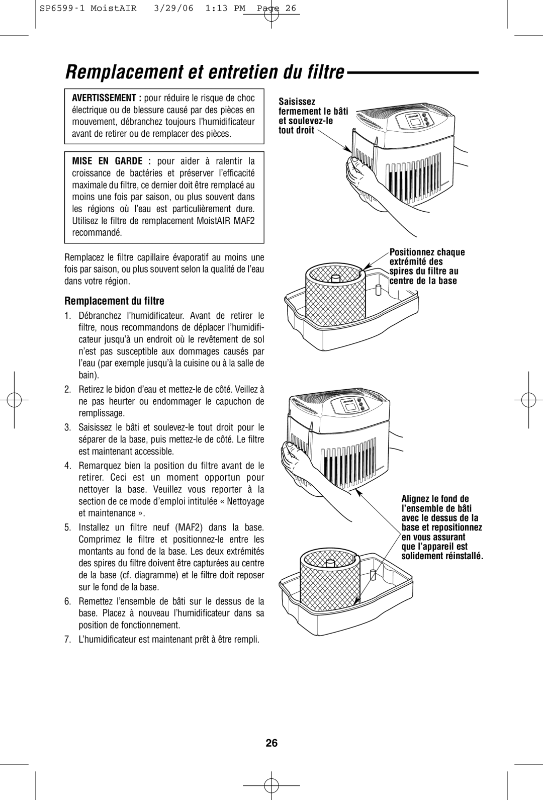 MoistAir MA 0800 0 owner manual Remplacement et entretien du filtre, Remplacement du filtre 