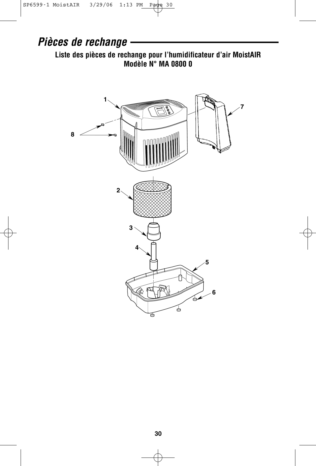 MoistAir MA 0800 0 owner manual Pièces de rechange 