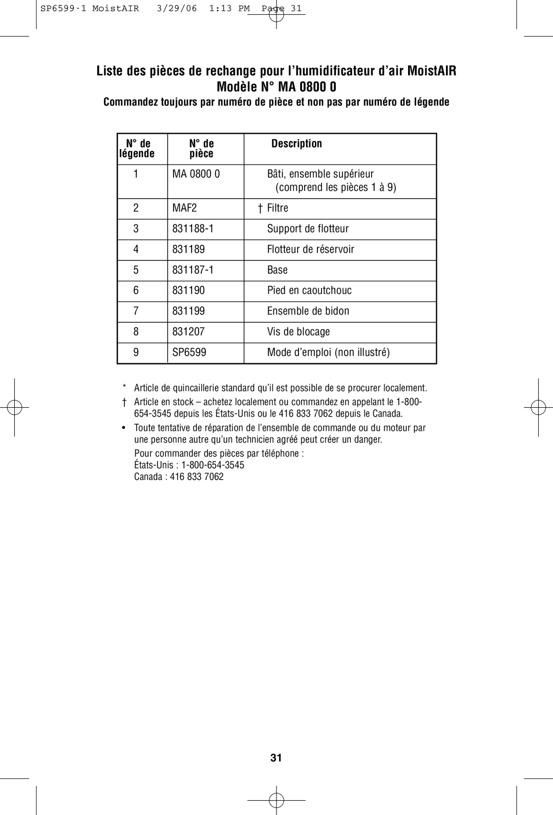 MoistAir MA 0800 0 owner manual Pièce 