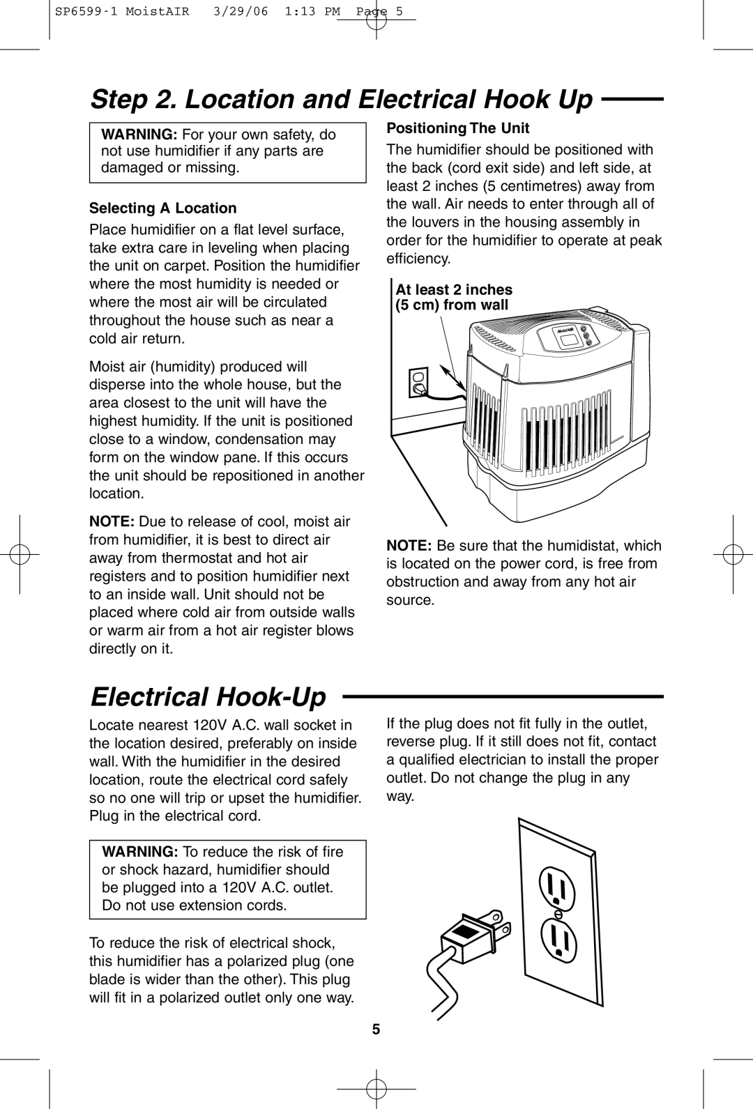 MoistAir MA 0800 0 Location and Electrical Hook Up, Electrical Hook-Up, Selecting a Location, Positioning The Unit 