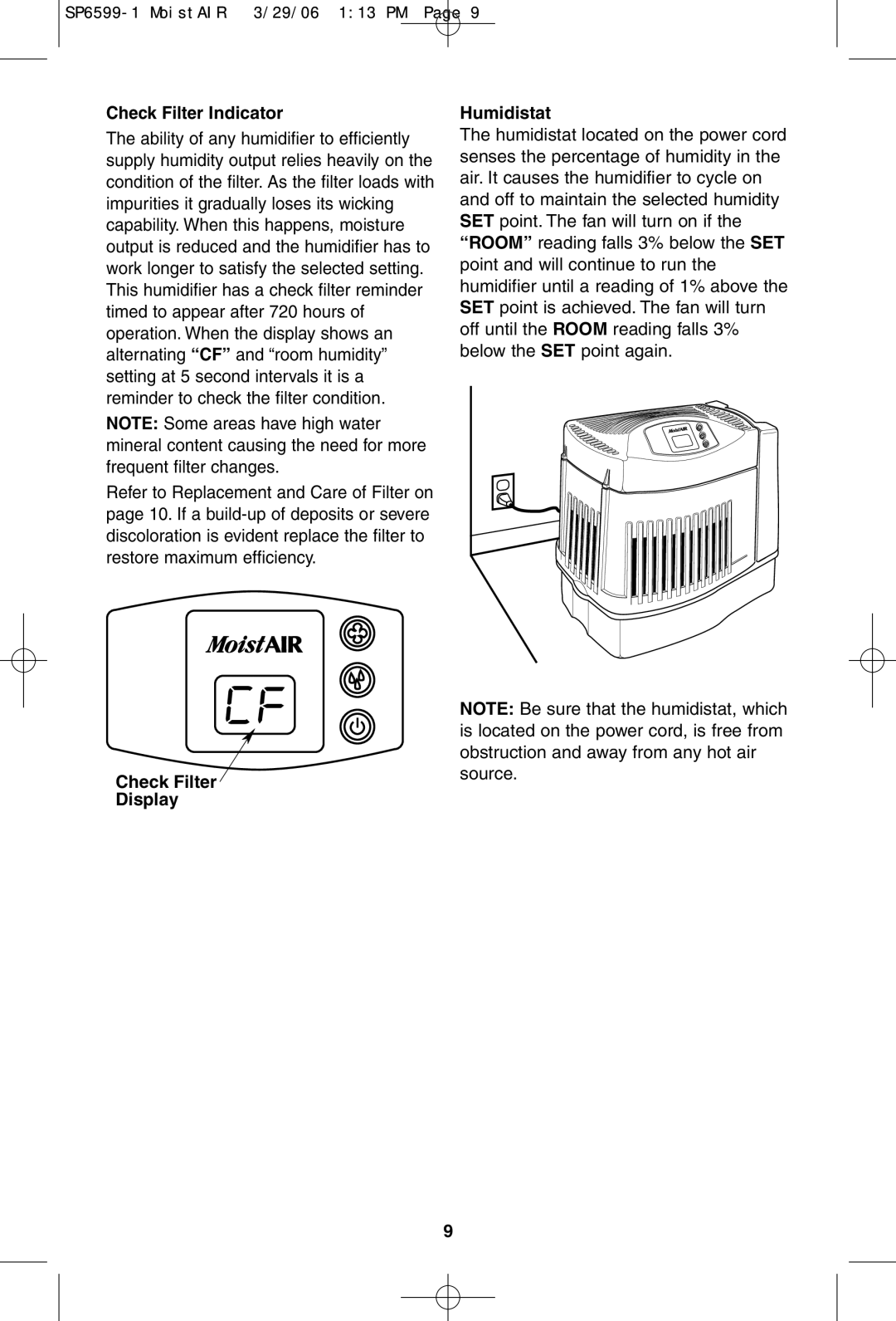 MoistAir MA 0800 0 owner manual Check Filter Indicator, Check Filter Display Humidistat 