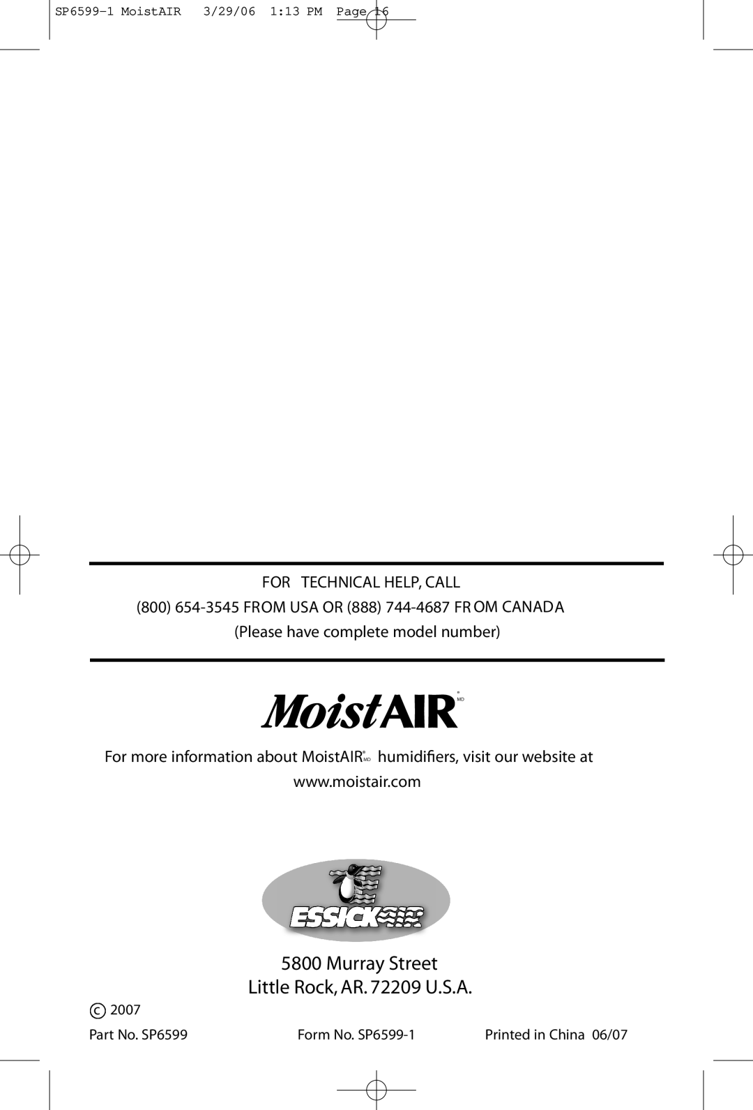 MoistAir MA 0800 0 owner manual Murray Street Little Rock, AR. 72209 U.S.A, For Technical Help, Call 