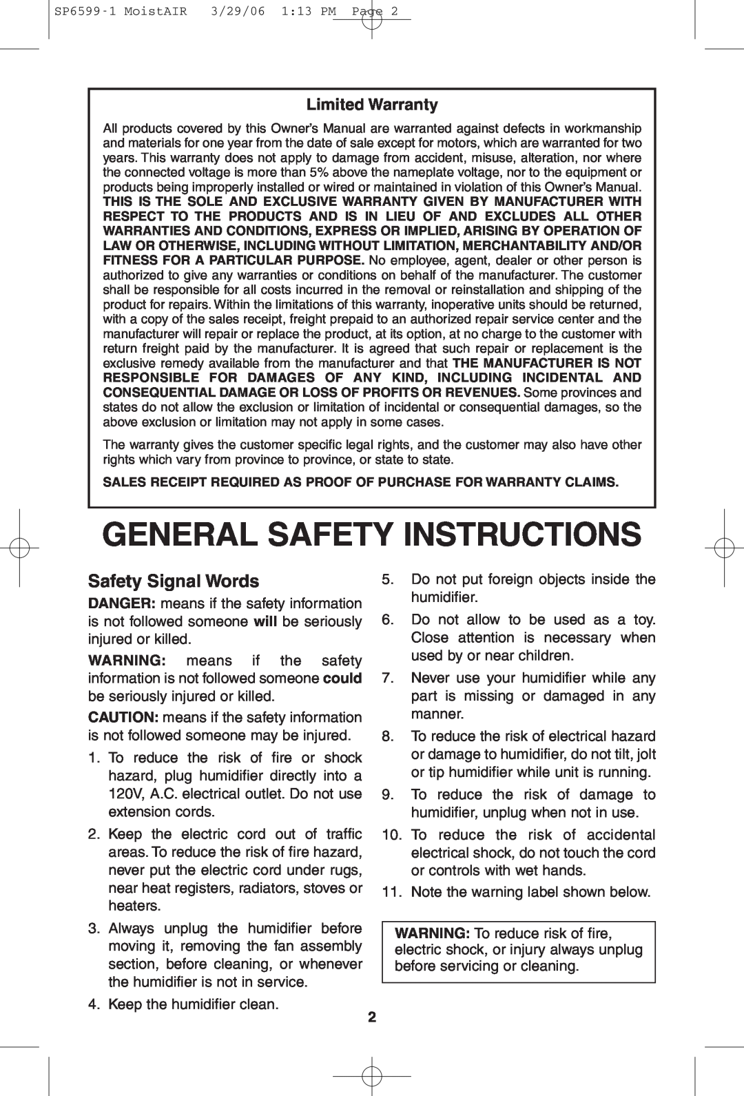 MoistAir MA 0800 0 owner manual Safety Signal Words, Limited Warranty, General Safety Instructions 