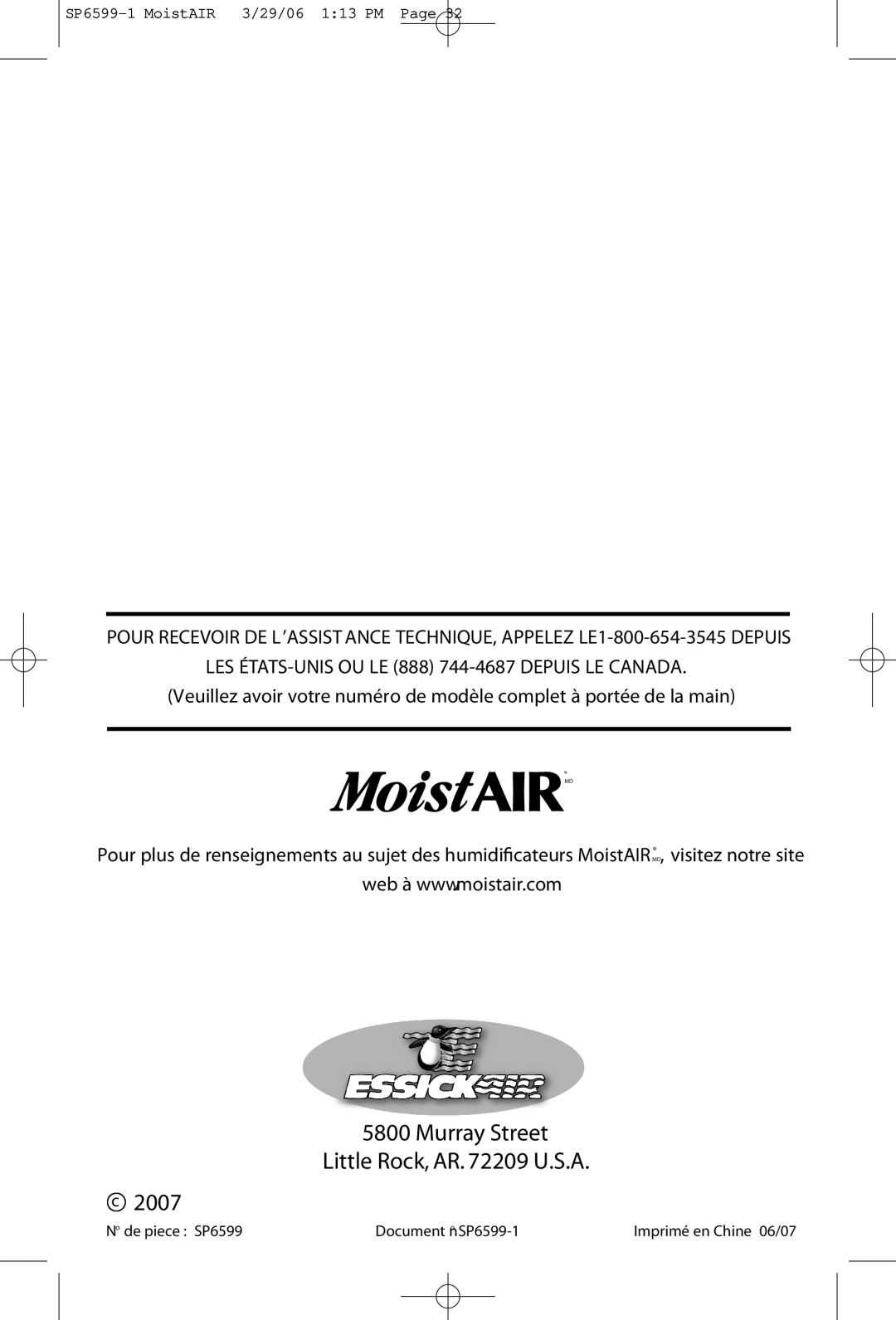 MoistAir MA 0800 0 owner manual c2007, Murray Street Little Rock, AR. 72209 U.S.A 