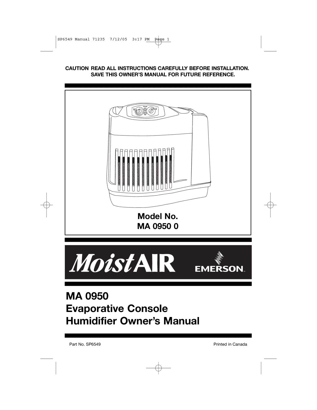 MoistAir MA 0950 owner manual Evaporative Console 