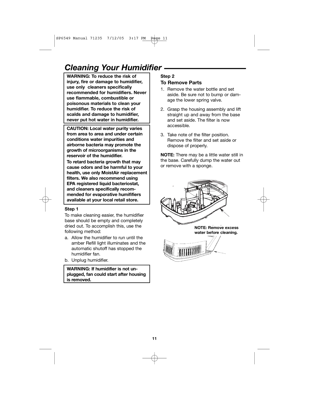 MoistAir MA 0950 owner manual Cleaning Your Humidifier, To Remove Parts 