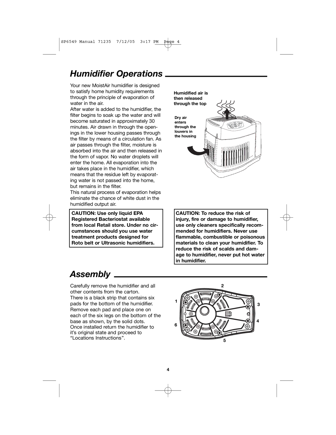 MoistAir MA 0950 owner manual Humidifier Operations, Assembly 