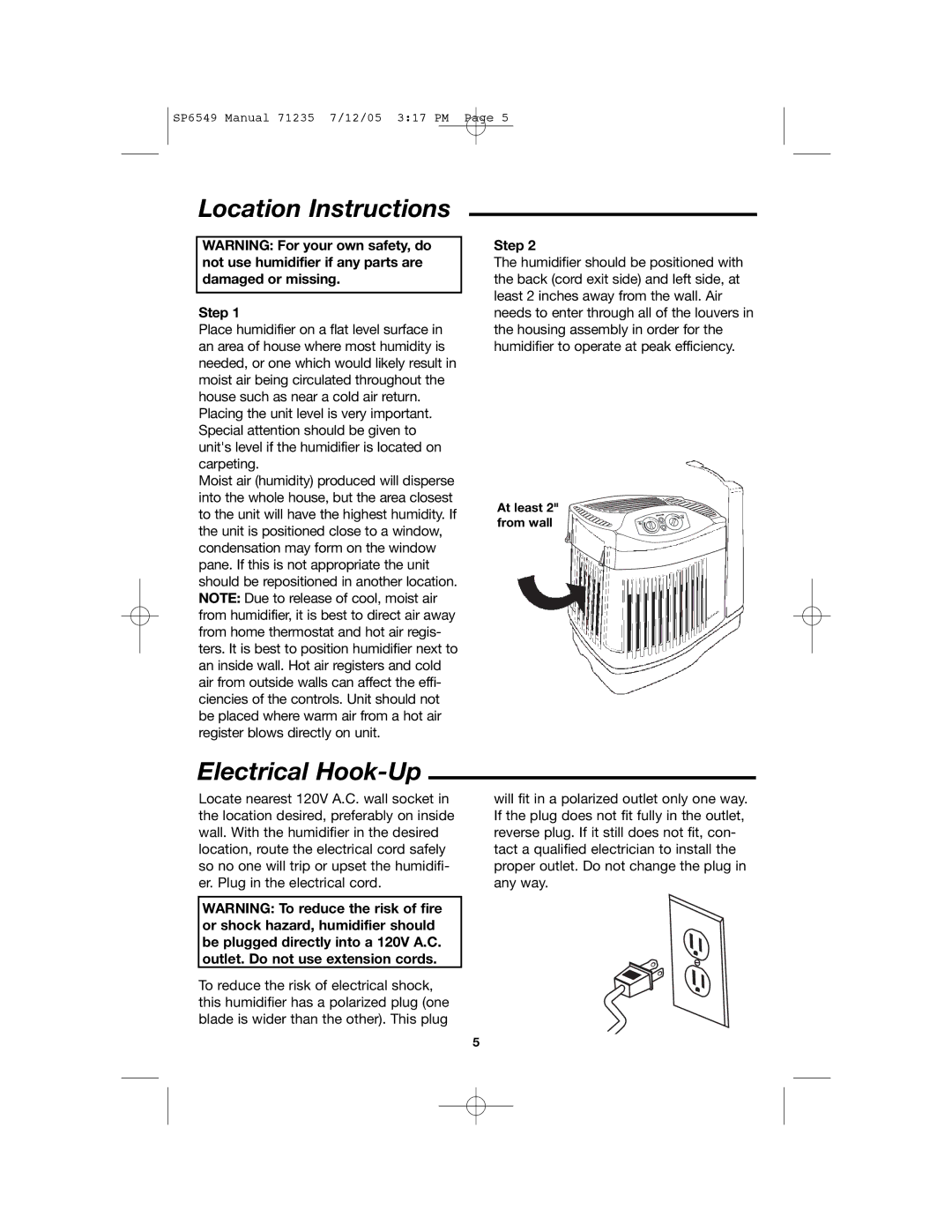 MoistAir MA 0950 owner manual Location Instructions, Electrical Hook-Up, Step 