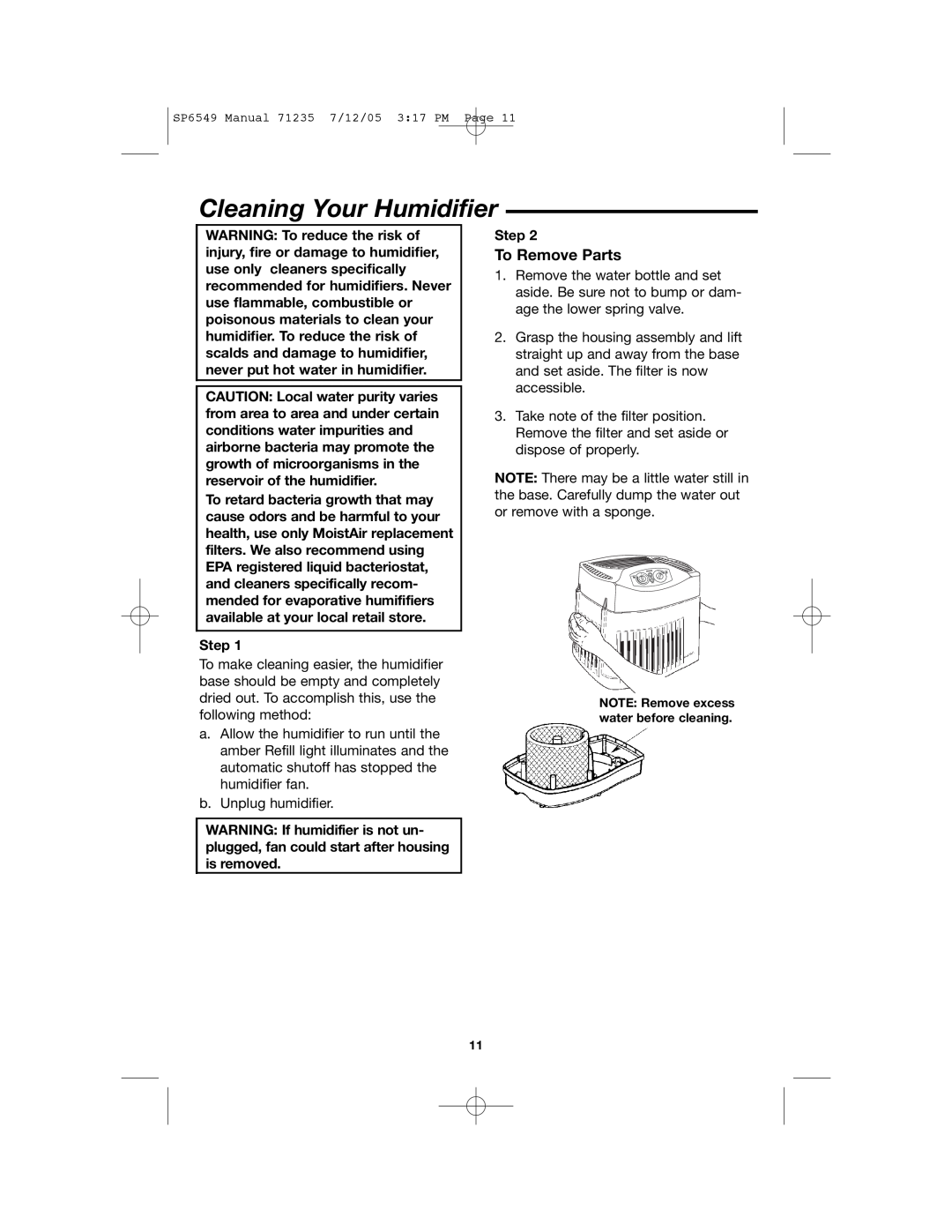 MoistAir MA 0950 owner manual Cleaning Your Humidifier, To Remove Parts 