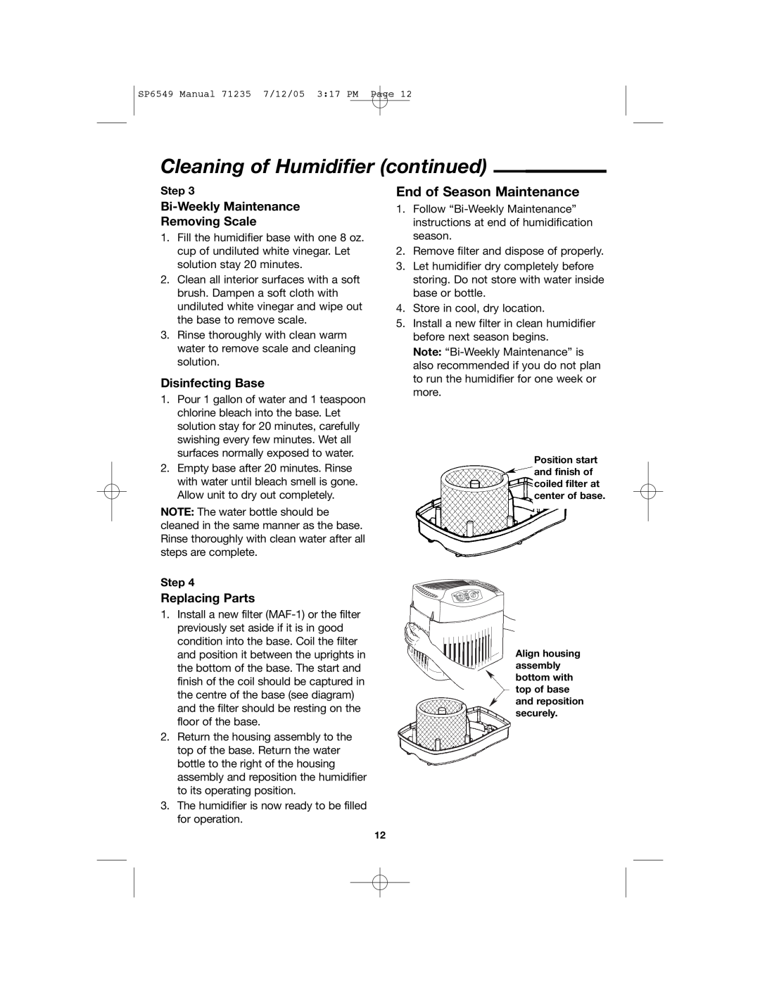 MoistAir MA 0950 owner manual Cleaning of Humidifier continued, End of Season Maintenance 