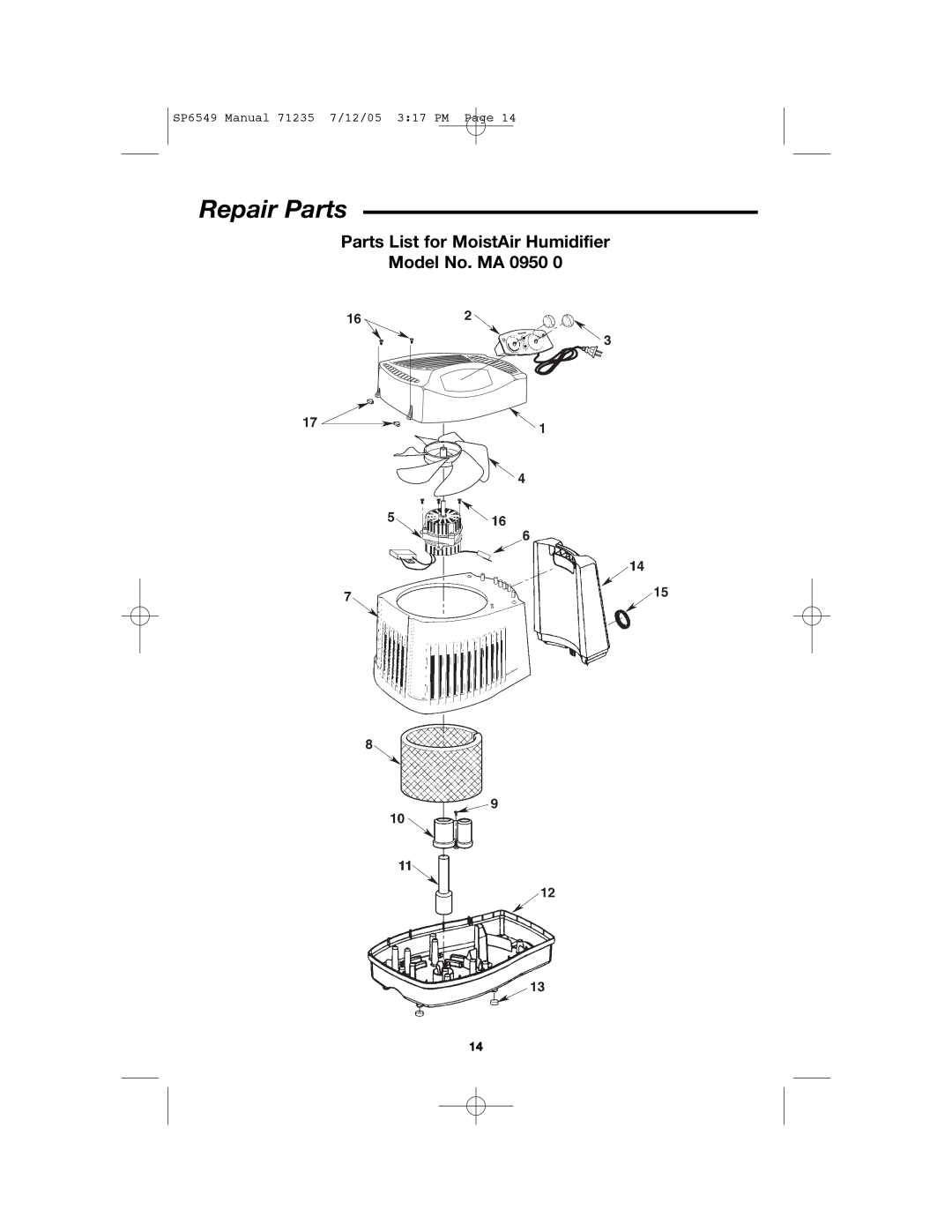 MoistAir MA 0950 Repair Parts, Parts List for MoistAir Humidifier, Model No. MA, SP6549 Manual 71235 7/12/05 3 17 PM Page 
