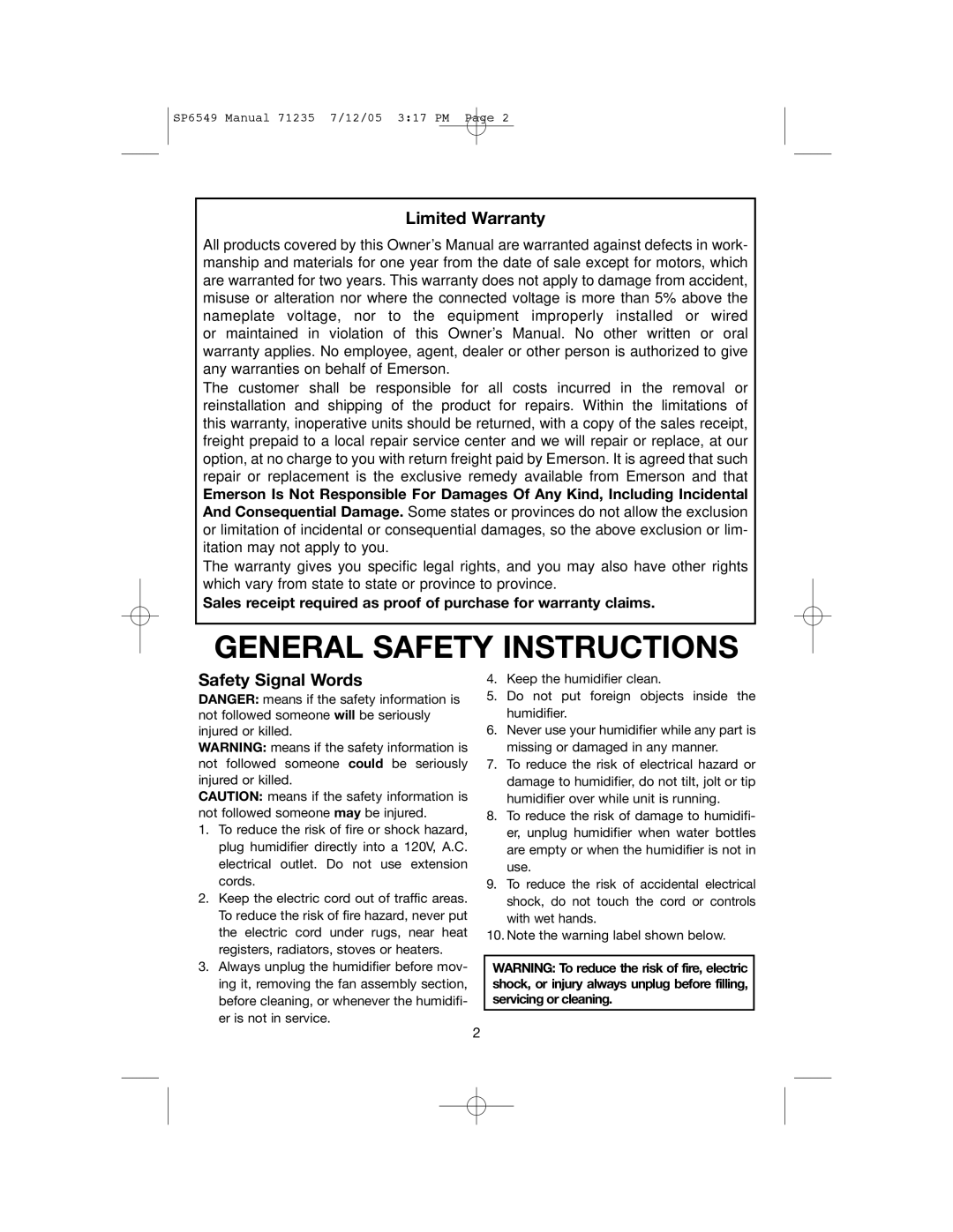MoistAir MA 0950 owner manual General Safety Instructions, Limited Warranty, Safety Signal Words 
