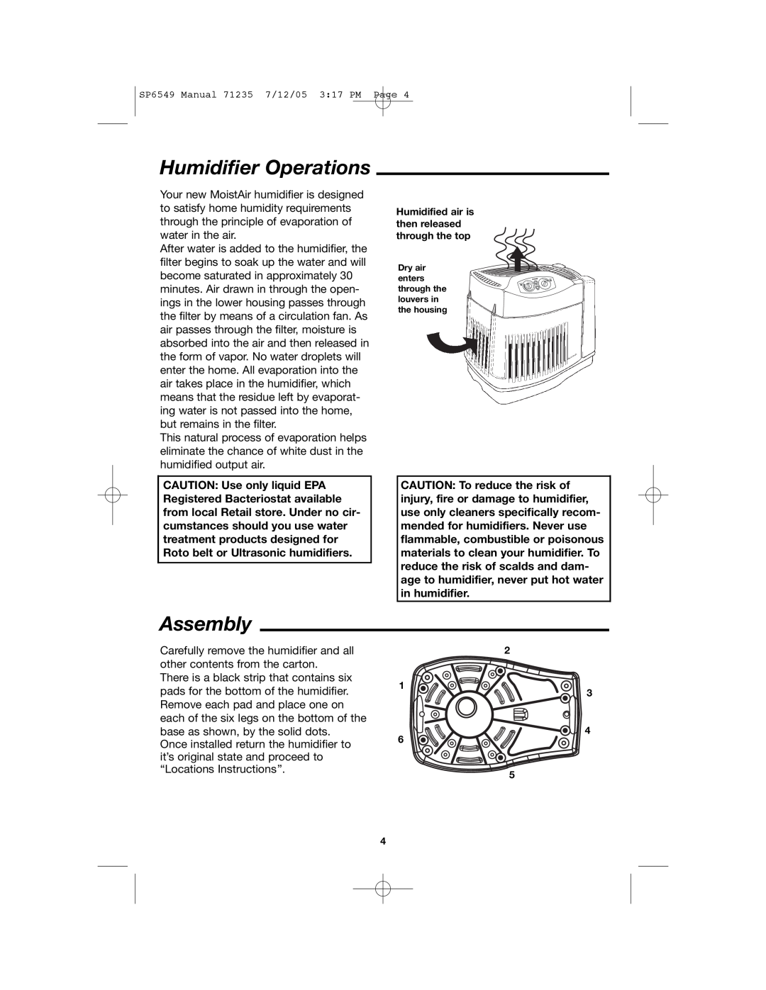 MoistAir MA 0950 owner manual Humidifier Operations, Assembly, Humidified air is then released through the top 