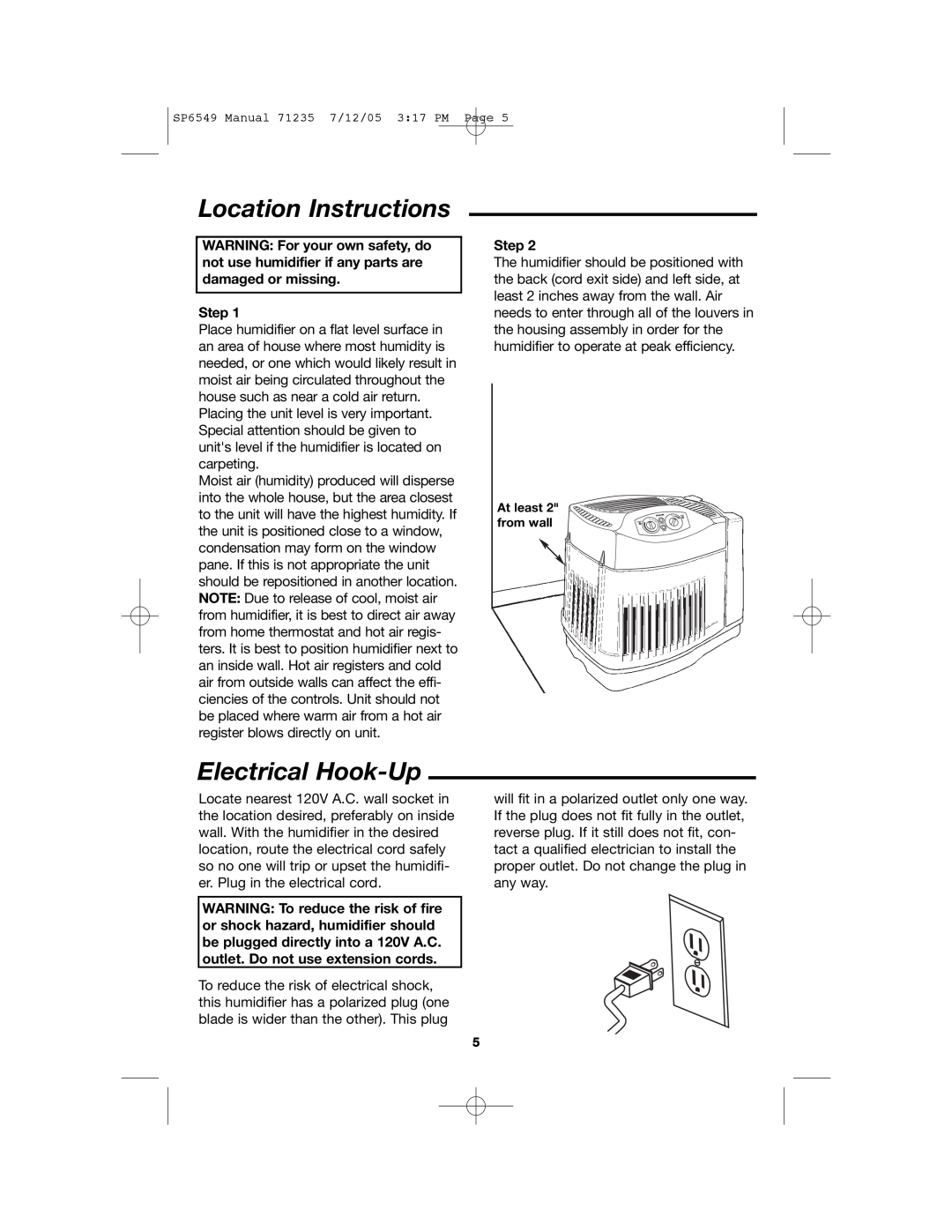 MoistAir MA 0950 owner manual Location Instructions, Electrical Hook-Up, Step 