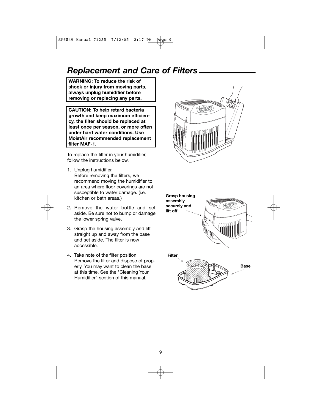 MoistAir MA 0950 owner manual Replacement and Care of Filters 