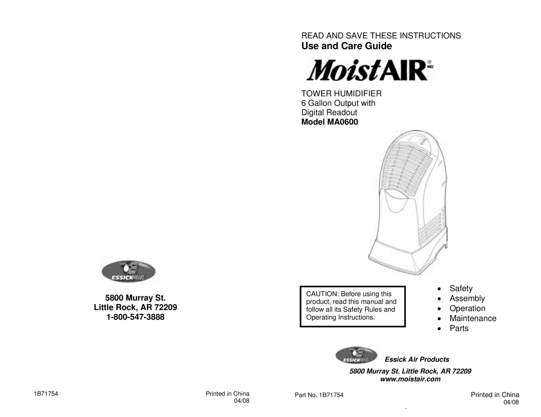 MoistAir operating instructions Use and Care Guide, Model MA0600 Murray St Little Rock, AR 