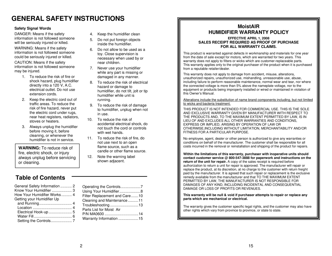 MoistAir MA0600 operating instructions General Safety Instructions, Table of Contents 