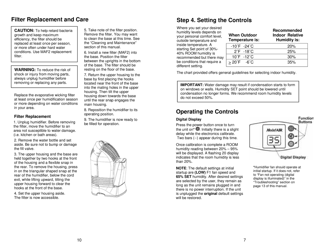 MoistAir MA0600 Filter Replacement and Care Setting the Controls, Operating the Controls, Recommended 