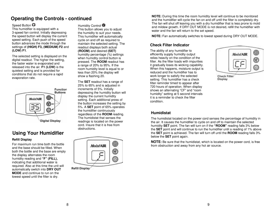 MoistAir MA0600 operating instructions Using Your Humidifier, Refill Display 