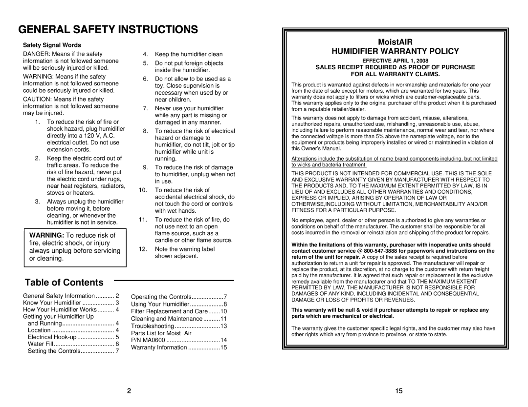 MoistAir MA0600 Table of Contents, MoistAIR HUMIDIFIER WARRANTY POLICY, Safety Signal Words, For All Warranty Claims 
