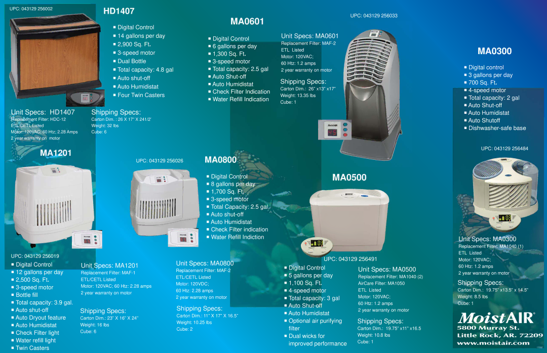 MoistAir warranty MA0601, MA0500 MA0300, MA1201 HD1407, MA0800 