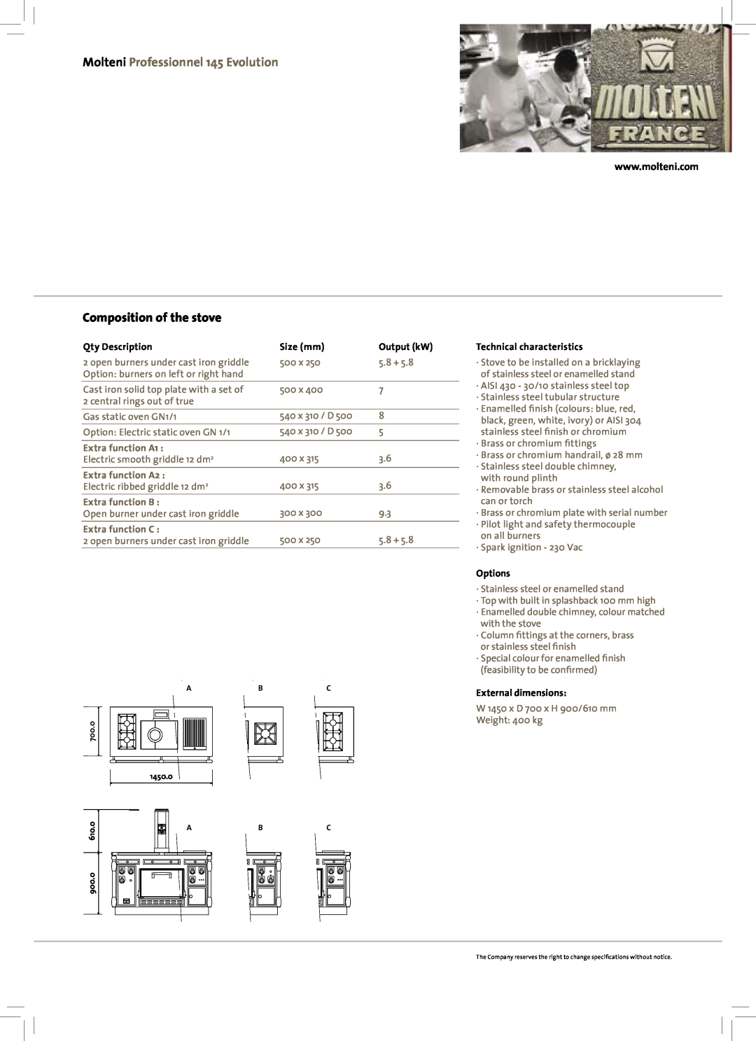 Molteni Molteni Professionnel 145 Evolution, Composition of the stove, Qty Description, Size mm, Extra function A1 
