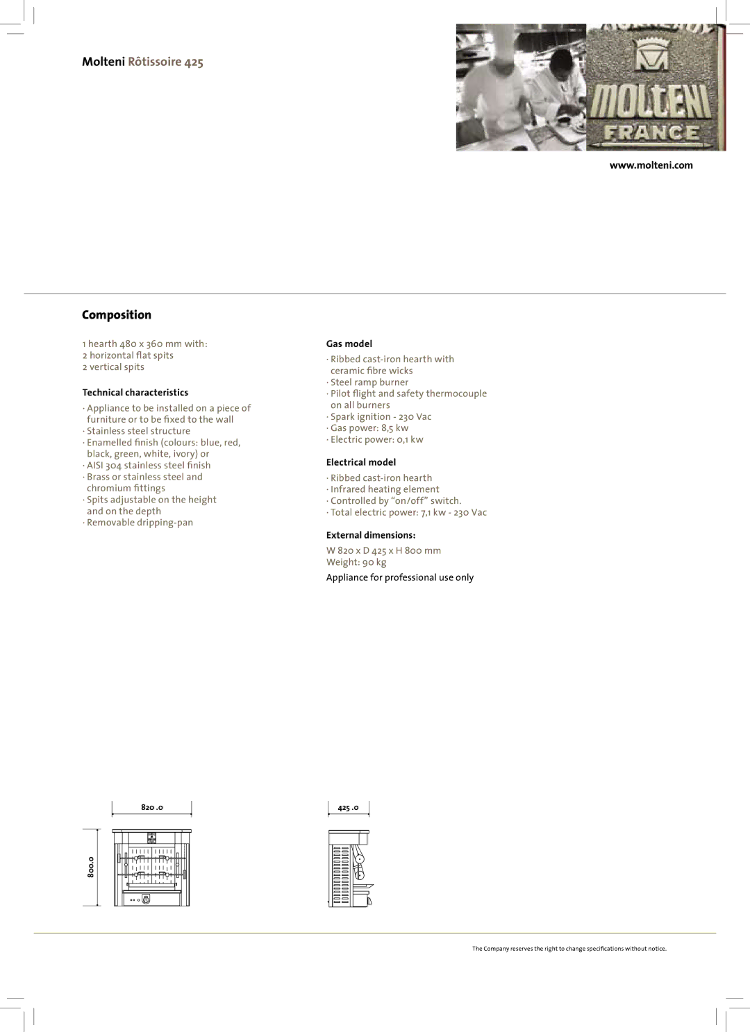 Molteni 425 manual Molteni Rôtissoire, Composition 