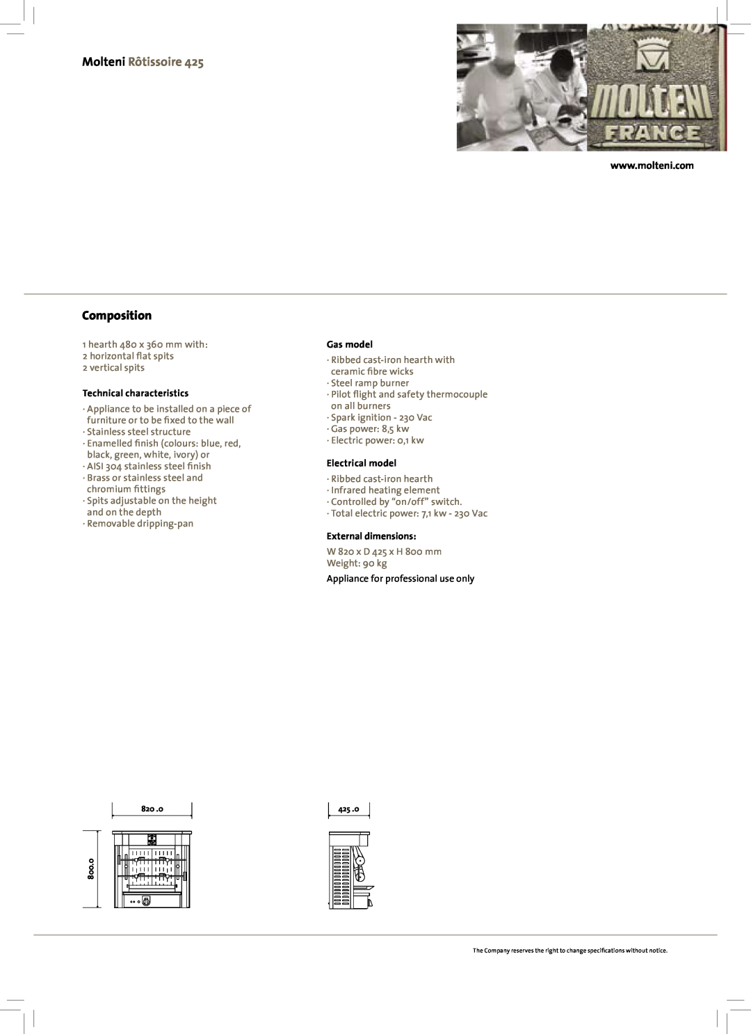 Molteni 425 manual 800.0, Molteni Rôtissoire, Composition, Technical characteristics, Gas model, Electrical model 
