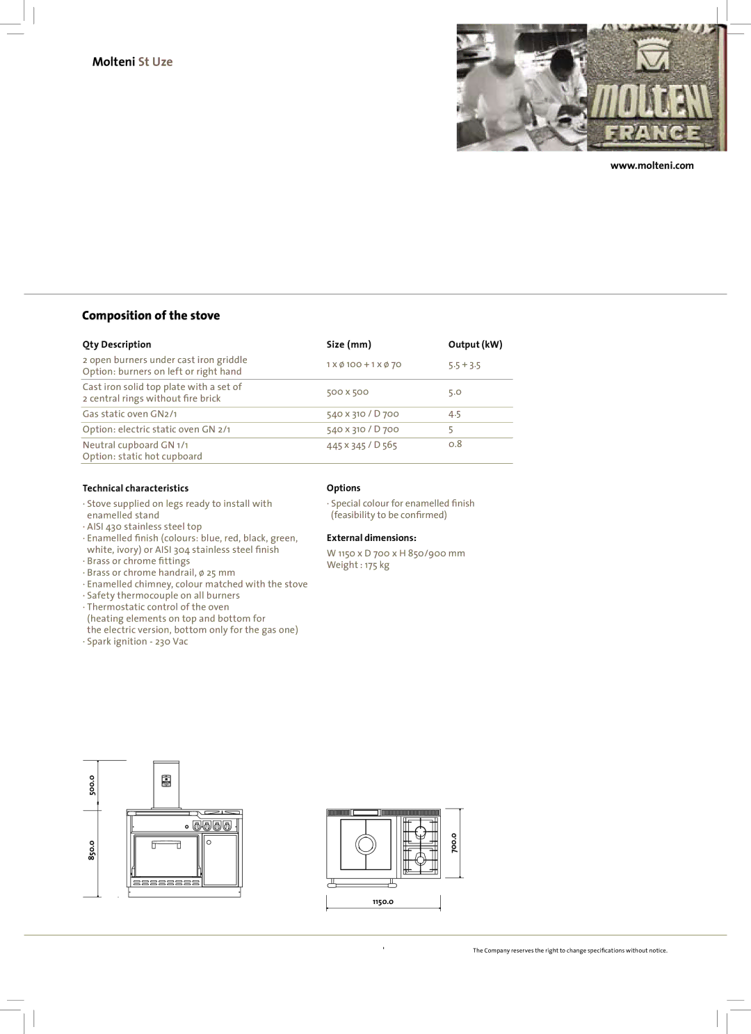 Molteni Saint Uze manual Molteni St Uze Composition of the stove, Size mm 