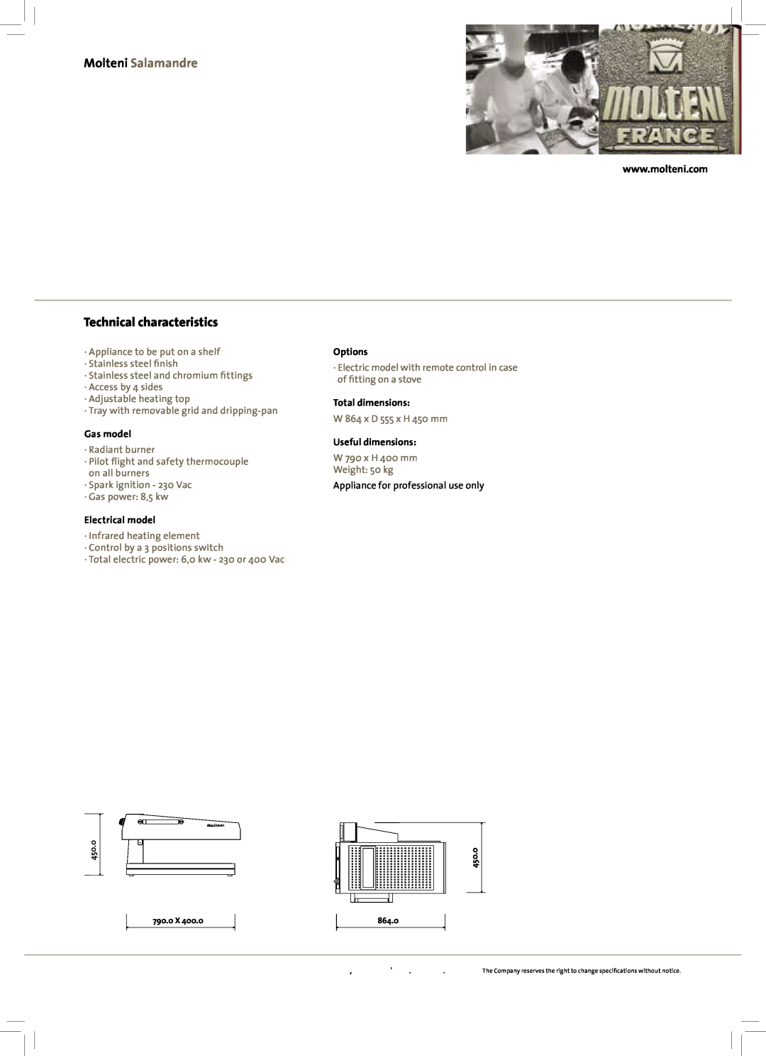 Molteni manual Molteni Salamandre, Technical characteristics, Gas model, Electrical model, Options, Total dimensions 