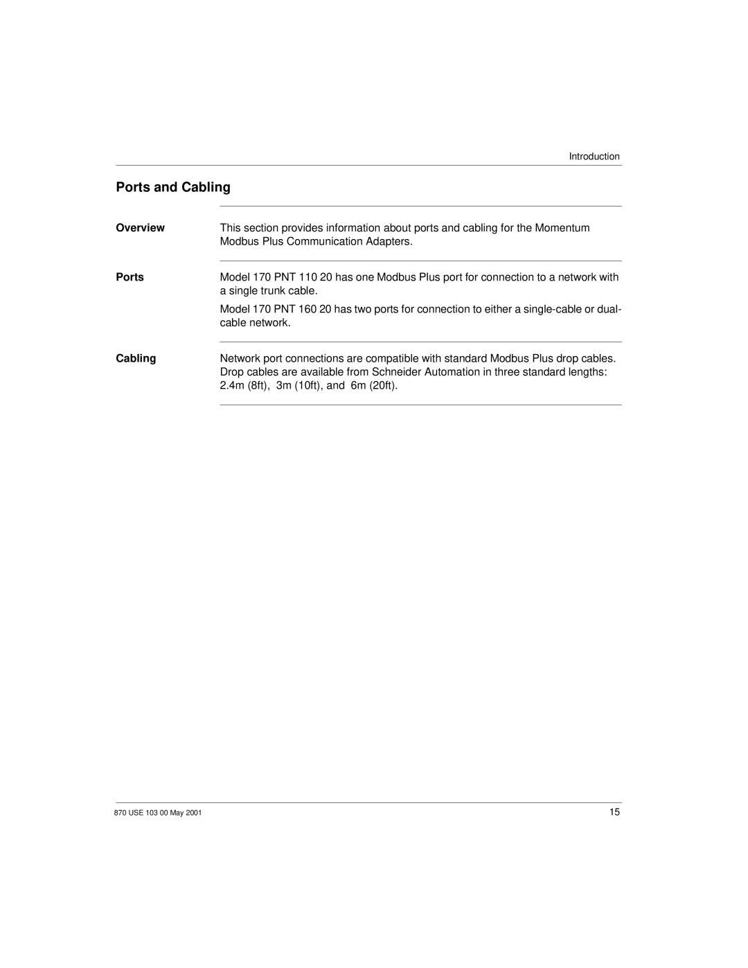 Momentum Sales & Marketing 170 PNT Series manual Ports and Cabling 