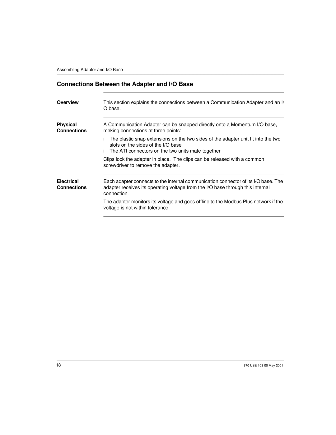 Momentum Sales & Marketing 170 PNT Series manual Connections Between the Adapter and I/O Base, Physical, Electrical 