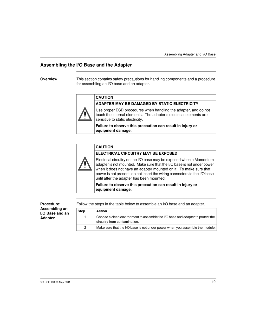 Momentum Sales & Marketing 170 PNT Series manual Assembling the I/O Base and the Adapter, Step 