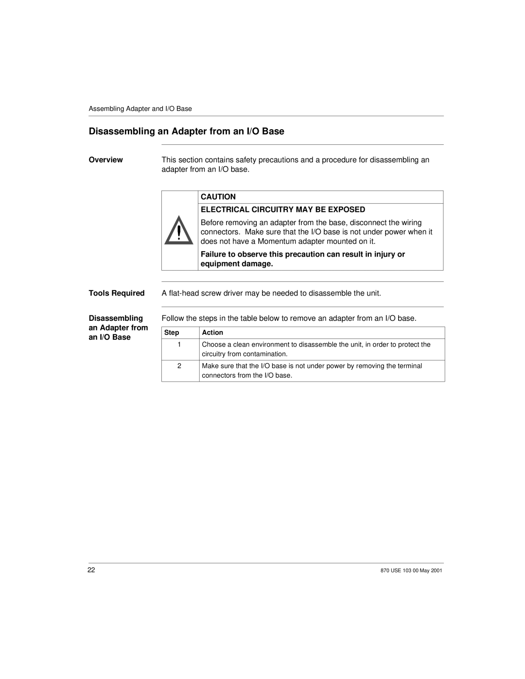 Momentum Sales & Marketing 170 PNT Series manual Disassembling an Adapter from an I/O Base 